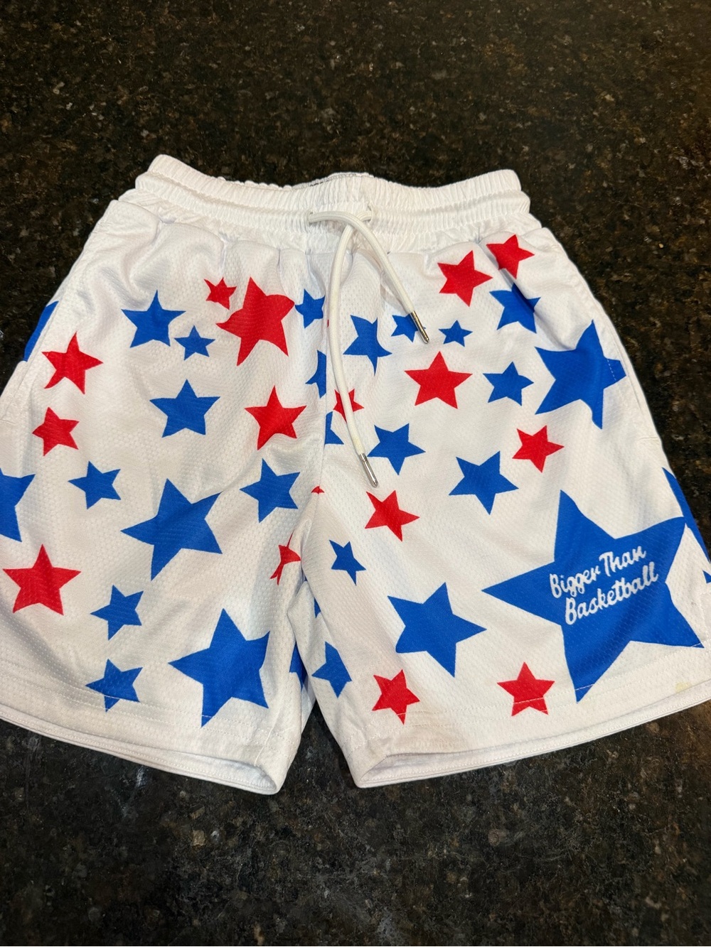 Kids White Star Print Athletic Shorts with Red & Blue Stars